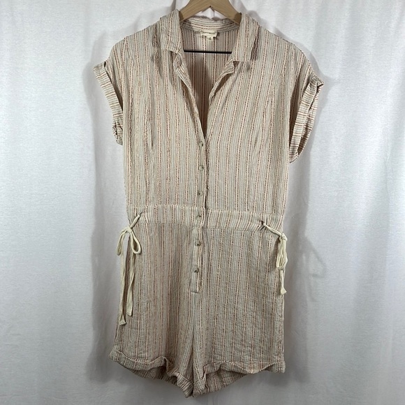 Hem & Thread Linen Blend Tan Stripe Button Up Romper Womens Size M - Picture 1 of 11